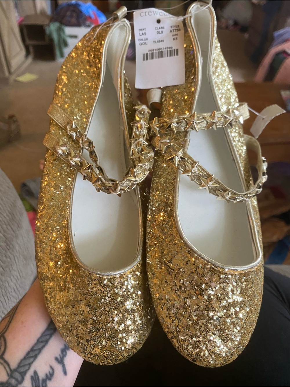 Crewcuts Gold Glitter Star-Embellished Mary Janes